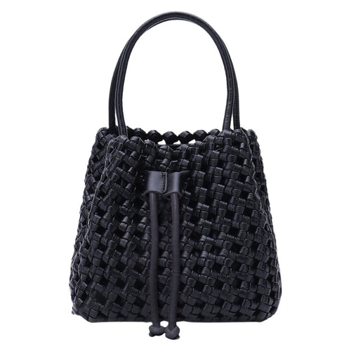 Woven Drawstring Bucket Bag - Black